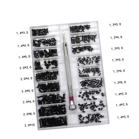 Miniature Screw Set With Countersunk Flat Head Screws In Transparent Storage Box For Glasses Watches Diy Projects And Repairs Small Hardware Kit For Professionals And Diy Enthusiasts showcasing various compartments with screws and a screwdriver in a clear case.