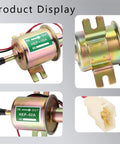 Product display of 12V Inline Fuel Pump For Gas Engines With Low 2.5 To 4 PSI, Universal Fit For Lawn Mowers And Carburetors