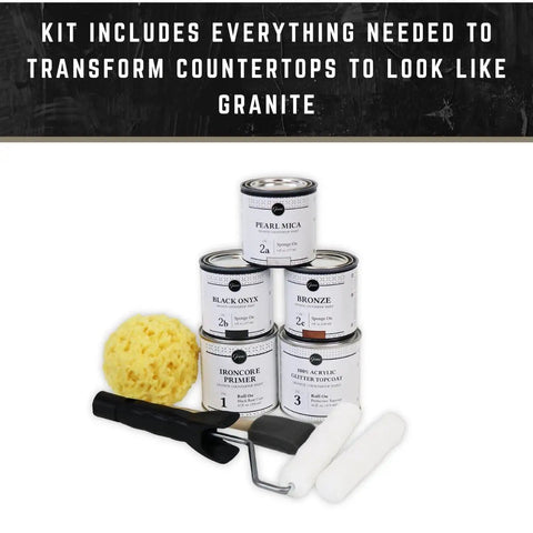 Granite Countertop Paint Kit 2.0 In Bombay Black, 100 Percent Acrylic, Easy 3 Step Finish With rollers and sponge displayed