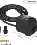 Ultra Quiet Submersible Water Pump With Dry Burn Protection 160 GPH showing dimensions and two nozzle choices