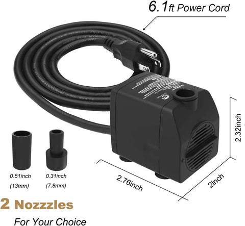 Ultra Quiet Submersible Water Pump With Dry Burn Protection 160 GPH showing dimensions and two nozzle choices