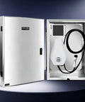 Built Tough Wall Mounted EV Charger Protective Box Stainless Steel Charging Station Enclosure with EV plug and display inside.
