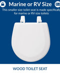 Marine Size Toilet Seat for Boats and RVs Small Compact Wood Toilet Seat in White, ideal for tight spaces in marine toilets.