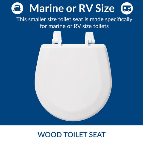 Marine Size Toilet Seat for Boats and RVs Small Compact Wood Toilet Seat in White, ideal for tight spaces in marine toilets.