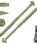 Yellow Hex Exterior Lag Screws Number 12 By 4 Inch, 26 Piece Bag, showing rust resistant washer head and spiral threads.