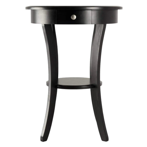 Sasha Round Accent Table With Drawer And Shelf In Black Finish Modern End Table For Living Room Or Bedroom Engineered Wood Construction Stylish Compact Side Table front view, 20 in diameter.