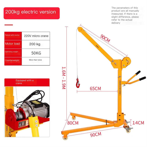 Top Shelf Portable Foldable Utility Crane With Smooth Hand Crank Action And Heavy Duty Alloy Steel Boom For Straight Up Reliable Home Lifting Plus Hassle Free Garage Work, 200kg electric version with size dimensions.
