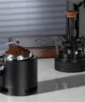 Rotary Espresso WDT Tool Set With Precision Dosing Funnel And Upright Stand for coffee preparation on a countertop.