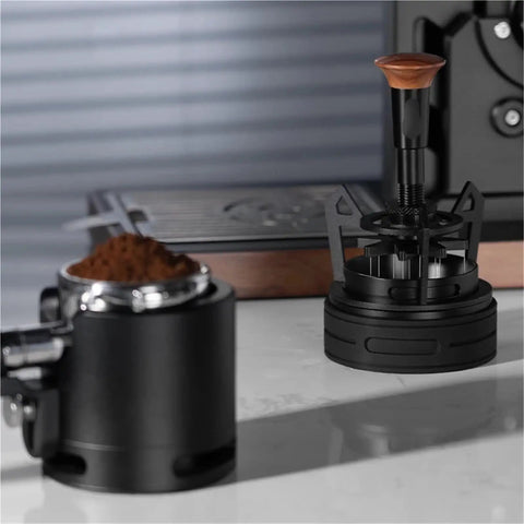 Rotary Espresso WDT Tool Set With Precision Dosing Funnel And Upright Stand for coffee preparation on a countertop.