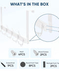 Over-the-door coat rack, white metal with five hooks; includes screws and foam tape.