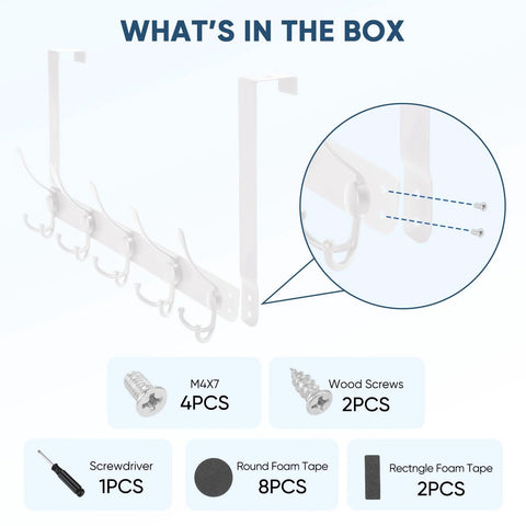 Over-the-door coat rack, white metal with five hooks; includes screws and foam tape.