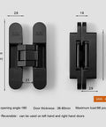 Invisible 5.5 Inch 3 Way Adjustable Concealed Door Hinges Matte Black Zinc Alloy 180 Degree Swing Hidden Butt Hinge for Doors