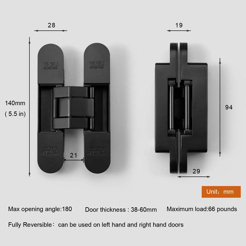 Invisible 5.5 Inch 3 Way Adjustable Concealed Door Hinges Matte Black Zinc Alloy 180 Degree Swing Hidden Butt Hinge for Doors