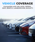 Row of cars illustrating Full System OBD2 Scanner compatibility with VW, Audi, Skoda, and Seat gasoline vehicles up to 2023.