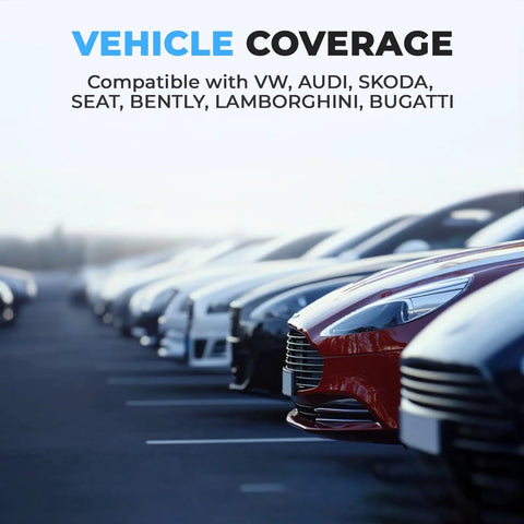 Row of cars illustrating Full System OBD2 Scanner compatibility with VW, Audi, Skoda, and Seat gasoline vehicles up to 2023.