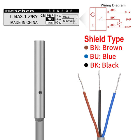 Inductive Proximity Sensor Switch Shielded Type With 1mm Detection, 10 To 30 VDC, PNP Normally Open, wiring diagram shown