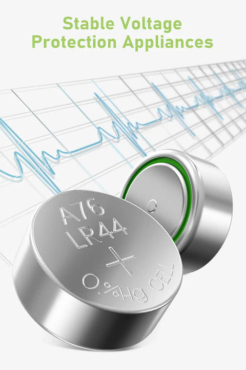 Heavy Duty Lr44 Button Coin Cell Batteries Ag13 Sr44 357 A76 1.5V Alkaline Power Packs 24 Count in silver, ideal for stable voltage appliances.