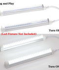 Six Foot LED Linkable Tube Light Cord For T5 And T8 Fixtures shown off and on, double-end plug and play connector for LED integration.