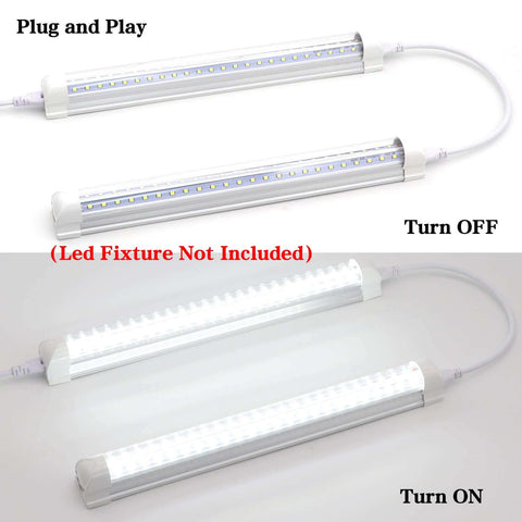 Six Foot LED Linkable Tube Light Cord For T5 And T8 Fixtures shown off and on, double-end plug and play connector for LED integration.