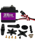 Heavy Duty Digital Servo With Coreless Motor And Metal Gears For Rc Cars Boats Helicopters featuring purple casing, connectors, and accessories.