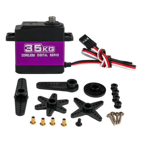 Heavy Duty Digital Servo With Coreless Motor And Metal Gears For Rc Cars Boats Helicopters featuring purple casing, connectors, and accessories.