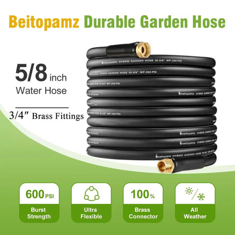Beitopamz garden hose, black, 5 ft x 5/8 in, rubber hybrid with 3/4 in brass fittings