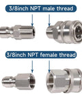 Stainless steel 3/8 inch NPT quick-connect fittings set with male and female adapters for pressure washers.