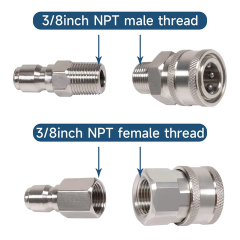 Stainless steel 3/8 inch NPT quick-connect fittings set with male and female adapters for pressure washers.