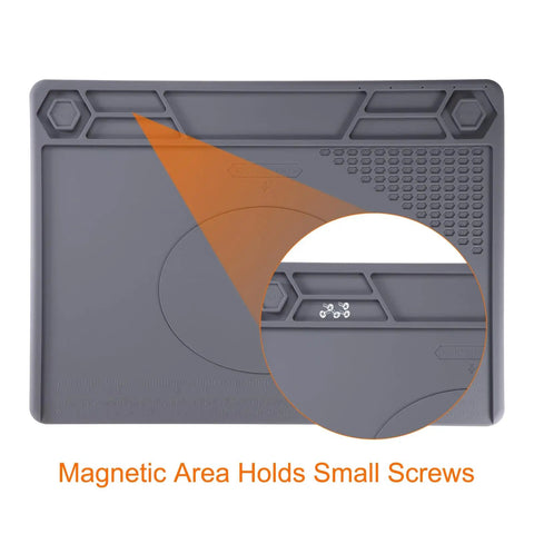Top Notch Silicone Soldering Mat 11.4 By 15.7 Inches With Hardcore Magnetic Grip Heat Resistant Pad showing magnetic area for small screws.