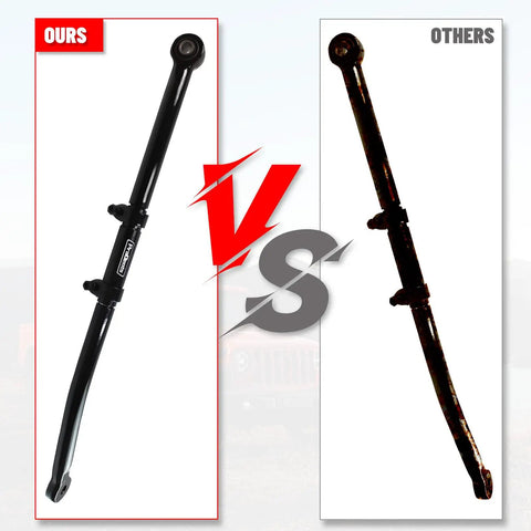 Front Adjustable Track Bar For 2005 To 2016 F250 F350 4x4 With 0 To 8 Inches Travel, forged steel panhard bar shown in side-by-side comparison