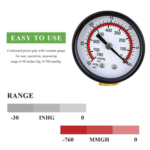 Grease Monkey Approved Single Handed Brake Bleeder Vacuum Pump Kit With Precision Gauge displaying 0-760 mmHg measurement range.