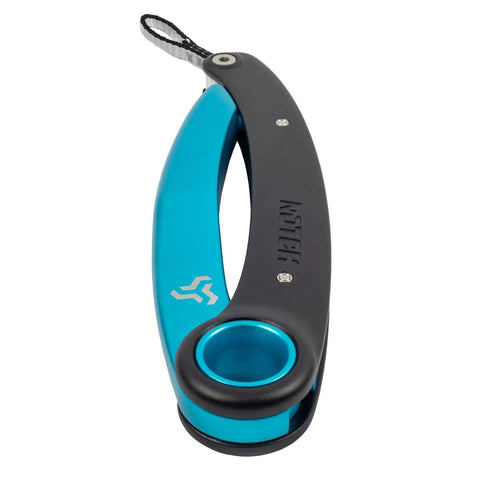 Collapsible Grapple Work Positioning Tool For Canopy Access, aluminum and stainless steel with black and teal hook, 11.4 inch length
