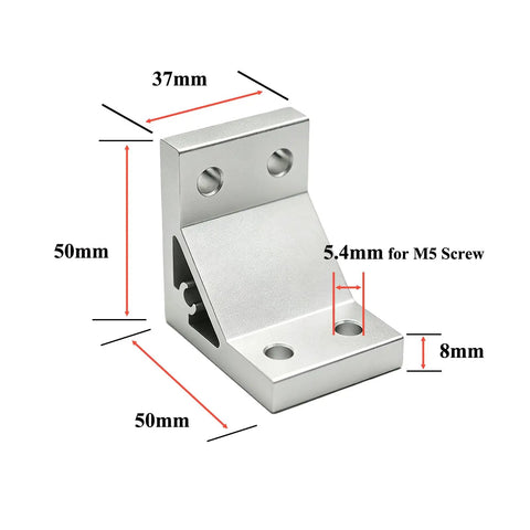 8 Pack Hefty Silver Corner Brackets for 2040 Aluminum Extrusion Profile Connectors with dimensions 37mm x 50mm, M5 screw holes.