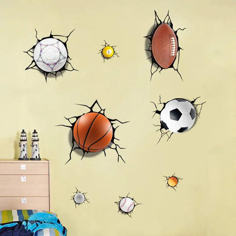 3D Dope Sport Ball Wall Stickers Break Through Kit For Basketball, Football, Rugby, Baseball DIY Sports Decor in playroom.