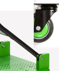 Close-up of Heavy Duty Flatbed Hand Cart Featuring Slick Four Wheel Rollers and Tough foldable frame for easy maneuvering.