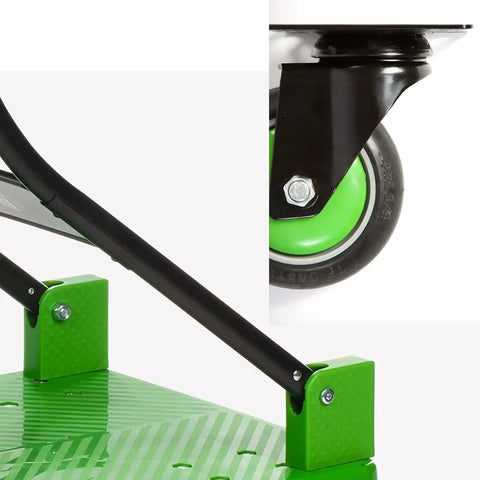 Close-up of Heavy Duty Flatbed Hand Cart Featuring Slick Four Wheel Rollers and Tough foldable frame for easy maneuvering.