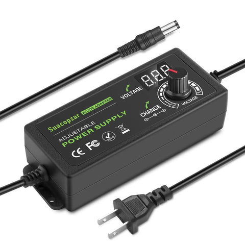 60W Adjustable DC Power Supply With LED Display, 3V To 12V Output, 5A Max, showing power cord and voltage dial