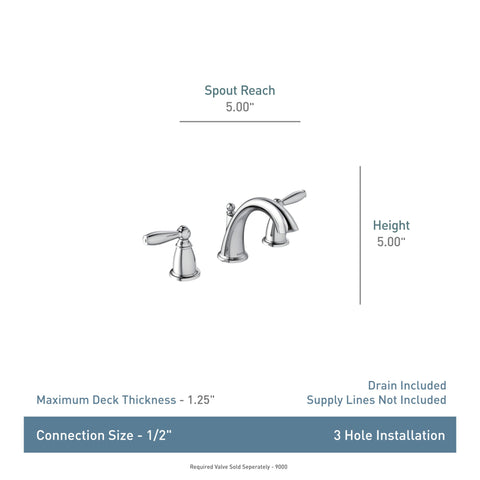 Oil-Rubbed Bronze Two-Handle Widespread Bathroom Faucet Trim Kit For 3-Hole Deck Mount Adjustable 8 To 16 Inch Spread Requires Valve 9000 Brantford Style T6620ORB shown with dimensions.