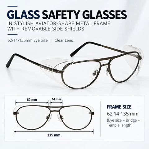 Built Like A Tank Aviation Style Safety Glasses With Detachable Side Shields, ANSI Z87 Certified, 62mm Eye Size.