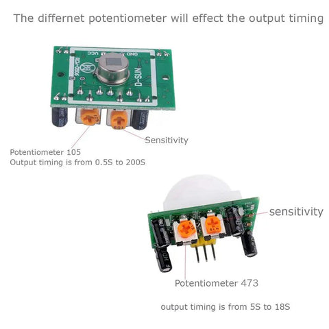 2 Pack HC-SR501 Human Body Infrared PIR Motion Detector Sensor Module For Arduino Raspberry Pi And DIY Projects, front and side views
