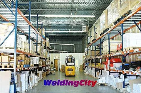 Front view of a tool warehouse with forklift at center, tall shelving and WeldingCity logo on the floor