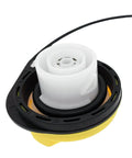 Close-up of E85 Gas Cap Replacement GT295 20915990 for Chevy GMC Cadillac Trucks 2007-2011, black and yellow plastic