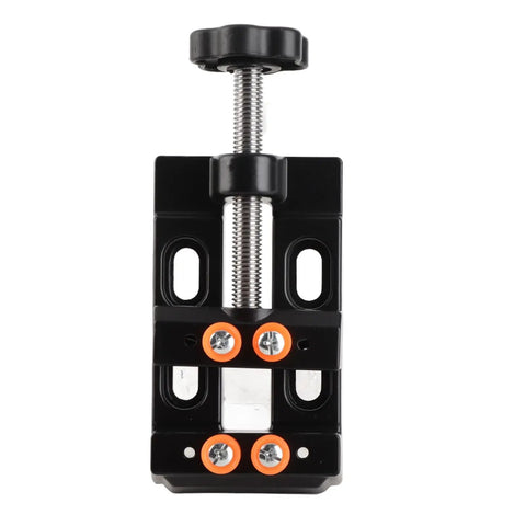 Top view of Heavy Duty Aluminum Alloy Milling Vise With Fixed Curve Grooves, black with orange accents, ideal for small part securing.