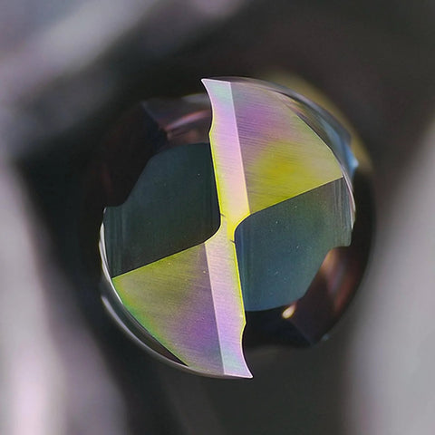 Close-up of Compression Router Bit With Quarter Inch Shank And One Inch Cutting Length Coated Carbide Spiral Up Down CNC Router Bit