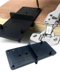 Portable Cabinet Hinge Jig Drill Guide Locator 35mm And 40mm, ABS Plastic, gray, showing hinge installation on wood.