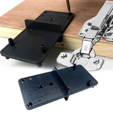 Portable Cabinet Hinge Jig Drill Guide Locator 35mm And 40mm, ABS Plastic, gray, showing hinge installation on wood.