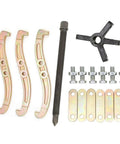 Convertible Three To Two And Three Jaw Gear Puller parts laid out, including bolts, reversible jaws, and main shaft, ideal for tight spaces