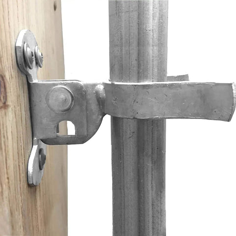 Heavy Duty Fork Gate Latch For One And Three Eighths Inch Chain Link Frames, mounted on wood post with galvanized finish