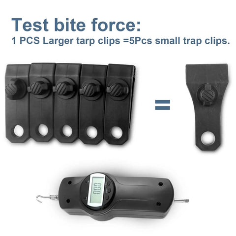 Heavy Duty Lock Grip Tarp Clips Hold Like Crazy With Rock Solid Non Slip Jaw Plus One Hundred Nylon Strap Ties For Securing Tarps Awnings Canopies And Outdoor Shelter Kit Complete Bundle showing comparison of large and small tarp clips with a force gauge.