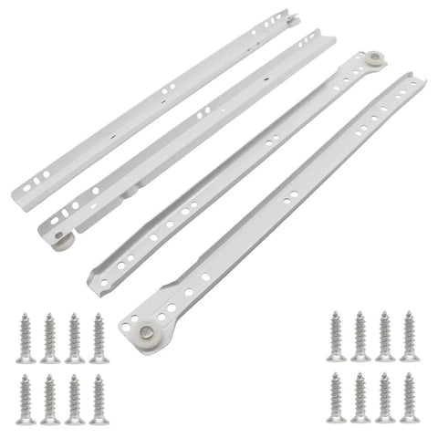 One Pair 14 Inch White Drawer Slides Heavy Duty Cold Rolled Steel Cabinet Tracks With Nylon Rollers and screws for installation.